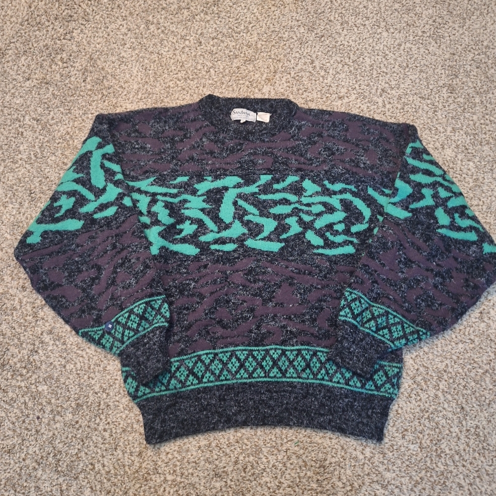 Vintage Santana Sweater Mens Medium 90s Acrylic Abstract Color Wave Retro